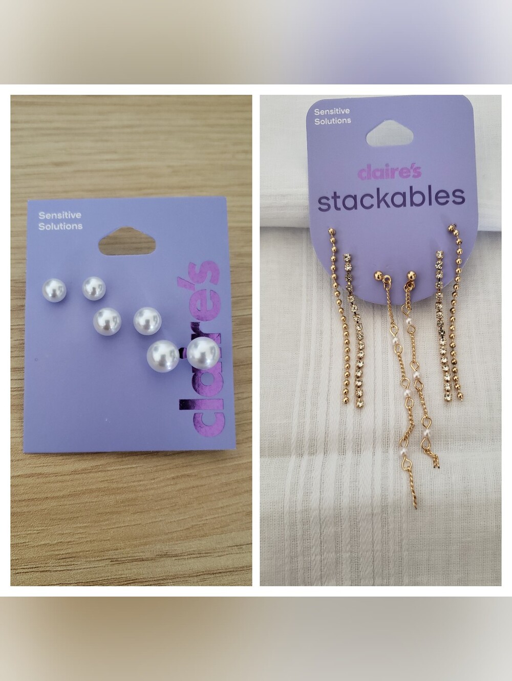 Claire's Stacking Bundle- Gold Chains and White Pearl Mix Earring Sets